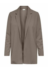 Brązowa, długosleeve marynarka uszyta z miękkiego materiału, z otwartym przodem, klapami o wykroju oraz minimalistycznym designem bez guzików.