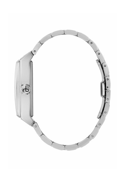 Hõbedane metallist randmevaat, millel on ristkülikukujuline korpus, ketiga kellarihm, läikiv viimistlus ja külgedel ümmargune kroon.