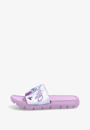Sandalia tipo chancla morada con suela texturizada y correa ajustable que muestra un personaje de dibujos animados y texto escrito a mano en color morado.