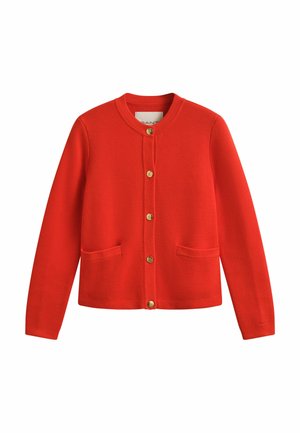Red knitted cardigan with long sleeves, round neck, front gold buttons, and two front pockets.