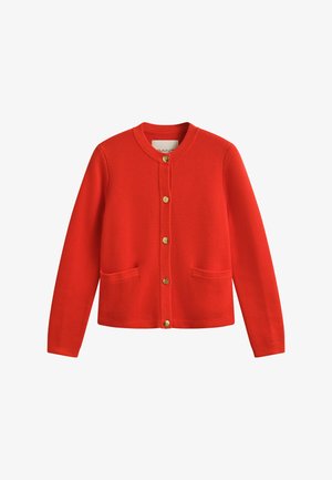 Red knitted cardigan with long sleeves, round neck, front gold buttons, and two front pockets.