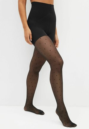 Svarta tights med prickigt mönster, genomskinligt material, hög midja, texturerad finish och öppen tå.