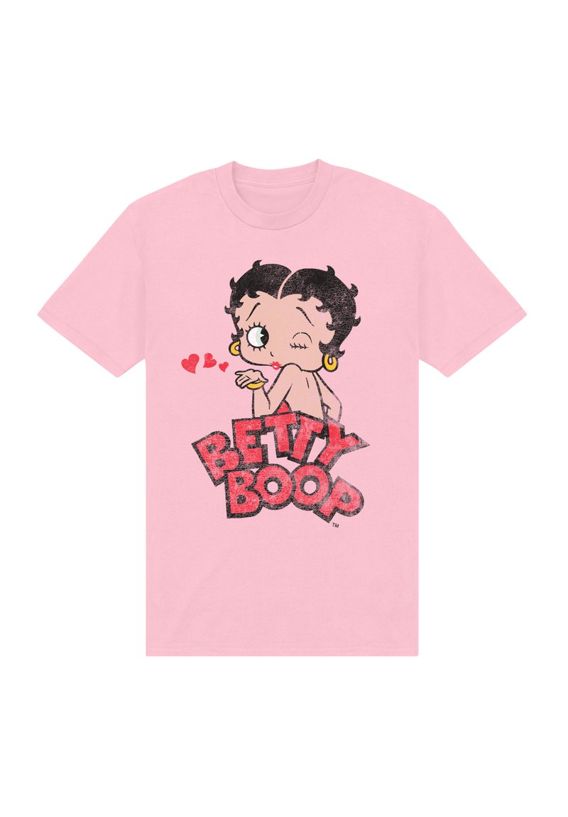Růžové bavlněné tričko s grafikou Betty Boop, která mrká, s červenými srdíčky a výrazným černým textem "BETTY BOOP." Krátké rukávy, kulatý výstřih.