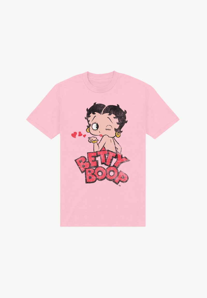 Růžové bavlněné tričko s grafikou Betty Boop, která mrká, s červenými srdíčky a výrazným černým textem "BETTY BOOP." Krátké rukávy, kulatý výstřih.