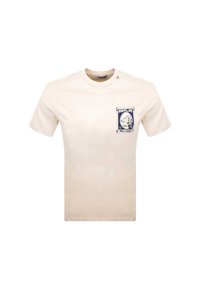 Camiseta de algodón color crema con cuello redondo, mangas cortas y un estampado gráfico en navy en el lado izquierdo del pecho que presenta la palabra "REPLAY".