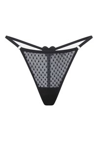 String en dentelle noire avec motif de cœurs et fines bretelles réglables formant un petit cœur au centre de la ceinture.