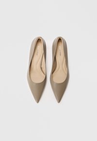 Προχωρημένα ψηλά τακούνια με μυτερή μύτη σε ματ τόνο καφέ. Λείος υφής με απλό σχέδιο και μαλακή μπεζ εσωτερική σόλα. Το όνομα της μάρκας είναι ορατό εσωτερικά.