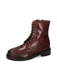 Botas de piel marrón a la altura del tobillo con cordones en la parte delantera, costuras decorativas y un acabado suave. Presentan una suela resistente y un diseño de altura de tobillo.