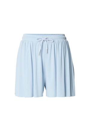 Light blue loose shorts with elastic waistband and white drawstring tie with silver aglets.