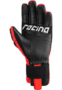 Schwarzer und roter Rennhandschuh aus Leder und Stoff, mit gepolstertem Handgelenk, verstärkten Nähten und einem auffälligen weißen Logo.