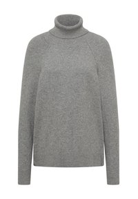 Pull en col roulé gris fabriqué en matière tricotée douce. Présente un col, des poignets et un ourlet côtelés. Coupe légèrement ample avec des manches raglan.