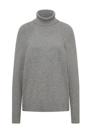 Grauer Rollkragensweater aus weichem Strickmaterial. Mit geripptem Kragen, Bündchen und Saum. Leicht lockere Passform mit Raglanärmeln.