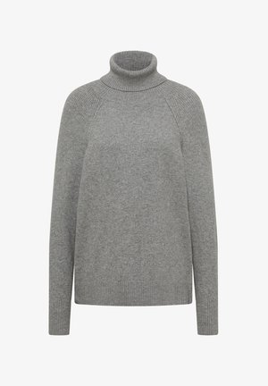 Grijze coltrui gemaakt van zacht breiwerk. Heeft een geribde kraag, manchetten en zoom. Lichtjes losse pasvorm met raglanmouwen.