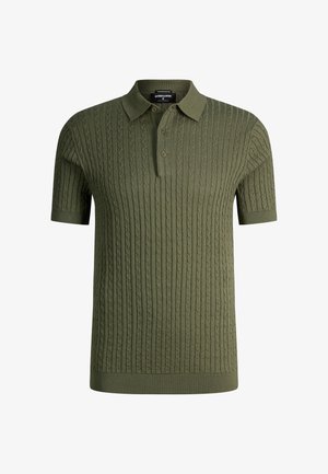 Groen poloshirt met korte mouwen, kabelgebreid patroon, knoopsluiting en geribbelde kraag, manchetten en zoom.