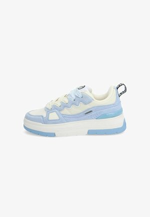 Light blue and white athletic sneaker with textured fabric, zigzag accents, cushioned sole, and a logo on the tongue and heel tab.