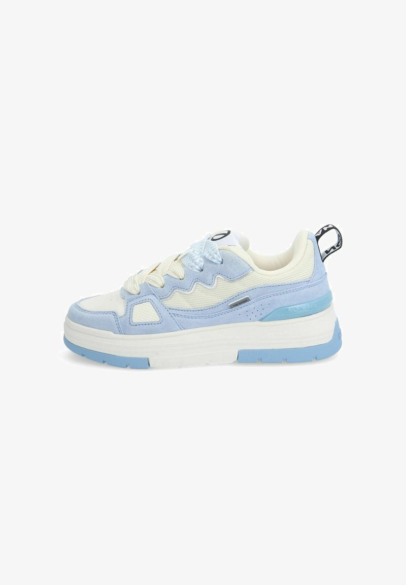 Light blue and white athletic sneaker with textured fabric, zigzag accents, cushioned sole, and a logo on the tongue and heel tab.