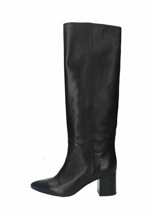 Black leather knee-high boot with pointed toe and block heel, smooth texture, and seam details along the shaft and foot area.