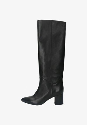 Black leather knee-high boot with pointed toe and block heel, smooth texture, and seam details along the shaft and foot area.