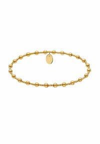 Gold choker with alternating smooth and beaded spherical shapes, featuring a small oval tag. Suited for casual or formal outfits.