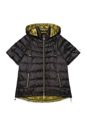 Chaqueta corta acolchada negra con capucha, manga corta, forro verde oliva, cremallera frontal, bolsillos con cremallera y cordones en la capucha y el dobladillo.