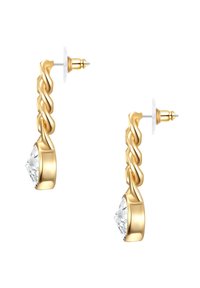 Guldvridna örhängen med en klar, diamantformad accent. Har en bakdel med pinne för säker användning. Polerad yta som förstärker glansen.