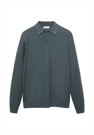 Dark gray long-sleeve polo shirt made from textured fabric, featuring a classic collar, two-button placket, and a relaxed fit.