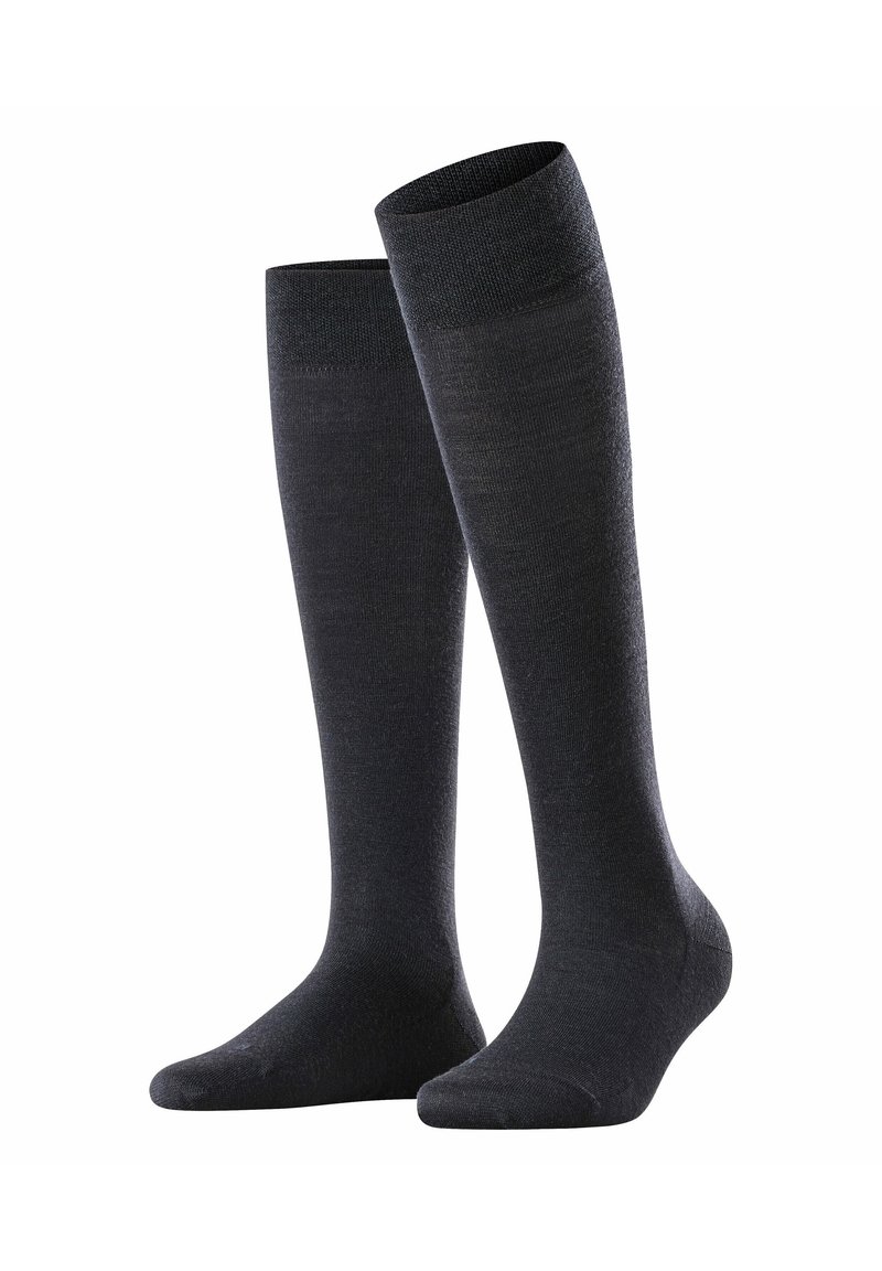 Calze fino al ginocchio di colore grigio scuro, realizzate in tessuto morbido con una texture liscia, dotate di un bordo rinforzato e design della punta senza cuciture.