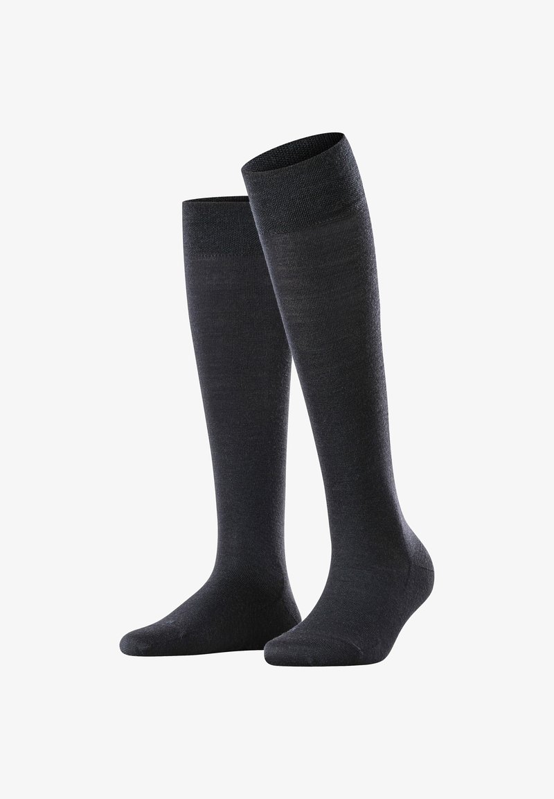 Kniestrümpfe in Dunkelgrau, aus weichem Stoff mit glatter Textur, ausgestattet mit einem verstärkten Bündchen und nahtlosem Zehenbereich.