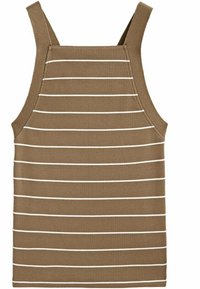 Débardeur marron côtelé avec des rayures blanches, présentant un col carré et de larges bretelles, fabriqué en tissu extensible.