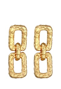 Ohrringe in Goldfarbe mit einem strukturierten, gehämmerten Design und miteinander verbundenen rechteckigen Formen. Glatte Kanten betonen den kräftigen Look.