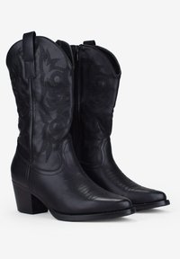 Botas de vaquero de cuero negro con punta afilada, costuras decorativas en el eje y un tacón bajo y cuadrado. Cuenta con cremalleras laterales para ponerlas y quitarlas fácilmente.
