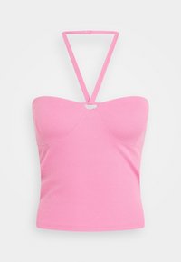 Rosa ribbad haltertop med en figurnära silhuett. Har tunna axelband och en korskorsdesign på baksidan. Slät textur och enhetlig färg.