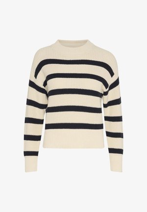 Suéter a rayas con base crema y rayas horizontales en azul marino, cuello redondo y textura acanalada en toda la tela.
