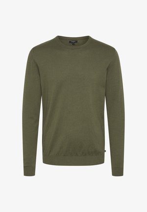 Olive zelenega crewneck puloverja, pletena tekstura, dolgi rokavi, prilegajoč rob, preprost dizajn brez vzorcev ali logotipov.