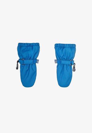 Sinised veekindlad kindad elastsete mansettide ja reguleeritavate rihmadega. Sile tekstuur ja ümar kuju, mõeldud käte sooja ja kuivana hoidmiseks.