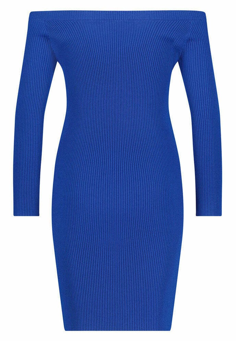 Geribbelde, off-the-shoulder jurk in een levendig blauw. Lange mouwen en een aansluitende vorm, zachte textuur met een lengte tot halverwege de dijen.