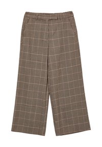 Pantaloni a quadri marroni con un design a gamba larga. Presentano un elastico in vita e un tessuto testurizzato con motivi alternati.