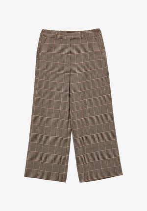 Pantalons à carreaux marron avec une coupe ample. Dotés d'une taille élastique et d'un tissu texturé avec des motifs alternés.