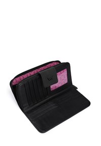 Black leather wallet with pink patterned interior, featuring multiple card slots, zipper closure, and a rectangular ID window.