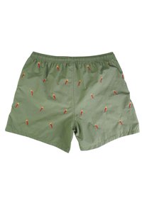 Pantaloni da bagno verdi realizzati in materiale leggero, con design di peperoncini ricamati in rosso e giallo sparsi. Vita elastica.