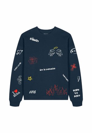 Sweatshirt bleu marine avec divers motifs graphiques colorés, incluant du texte, des fleurs et des symboles, doté d'un col rond et de poignets côtelés.