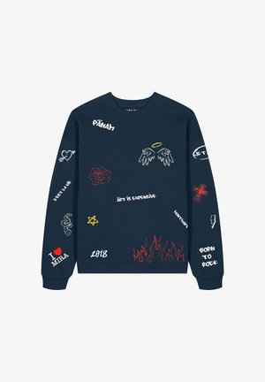 Námornícky modrá mikina s rôznymi farebnými grafickými potlačami, vrátane textu, kvetov a symbolov, so širokým výstrihom a rebrovanými manžetami.