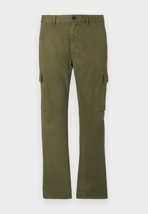 Pantalons cargo vert olive en coton avec une coupe droite, comportant des poches latérales et une fermeture à bouton à la taille.