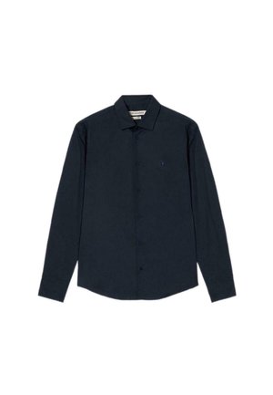 Tmavě modrá košile s dlouhým rukávem, vyrobená z hladké tkaniny, s špičatým límcem a šesti knoflíkovými zapínáními, s malým logem na prsou.