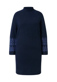 Abito lavorato a maglia blu navy con colletto alto, caratterizzato da motivi geometrici azzurri sulle maniche e polsini a costine. Design a taglio dritto.