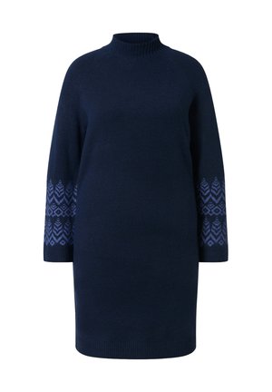 Vestido de punto azul marino con cuello alto, que presenta patrones geométricos en azul claro en las mangas y puños acanalados. Diseño de corte recto.