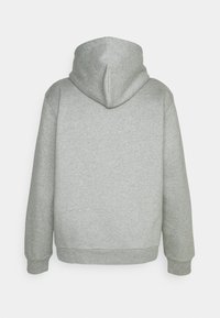 Grijze hoodie met een zachte textuur, voorzien van een trekkoordkap en ribgebreide manchetten en zoom. De achterkant heeft een gladde, gelijkmatige afwerking.