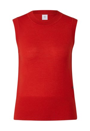 Czerwony dzianinowy top bez rękawów z okrągłym dekoltem, prążkowanym dołem i gładką fakturą. Metka z logo umieszczona z boku na dole.