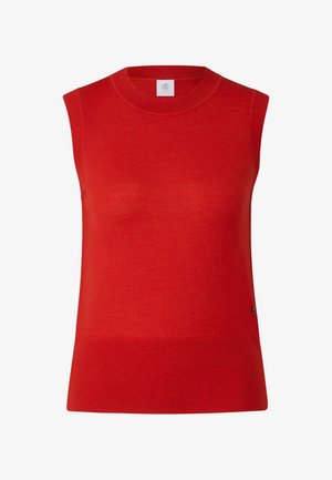 Rotes ärmelloses Strickoberteil mit rundem Ausschnitt, geripptem Saum und glatter Textur. Etikett mit Logo befindet sich an der unteren Seite.