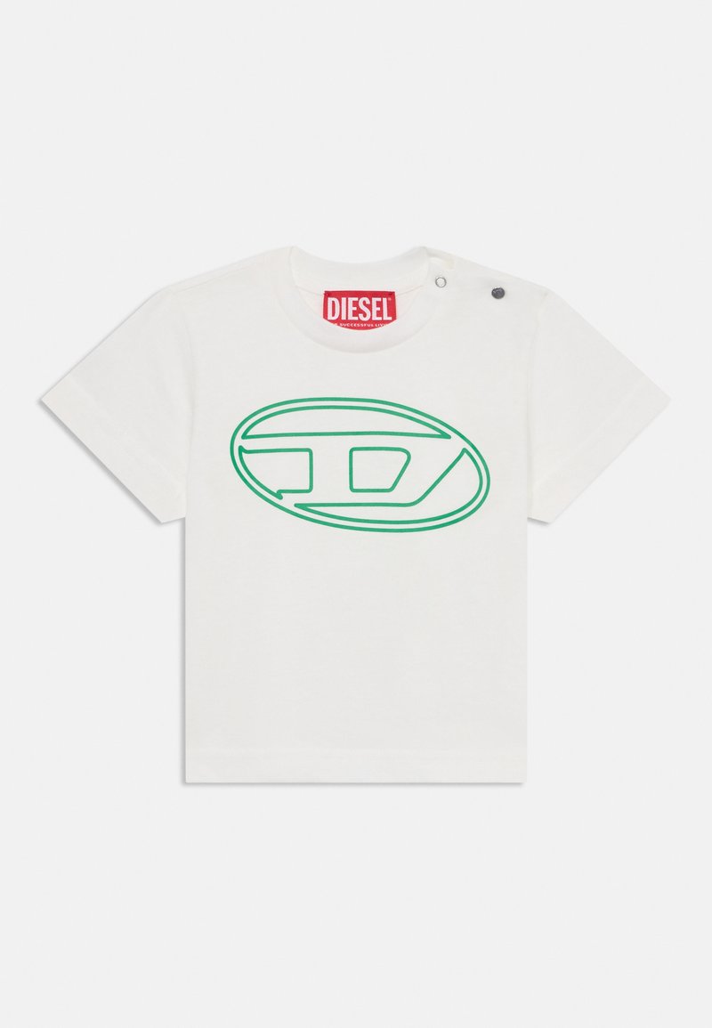 Bílý bavlněný tričko s zeleným kruhovým logem. Kolo výstřih s dvěma černými patentkami na rameni. Krátké rukávy.